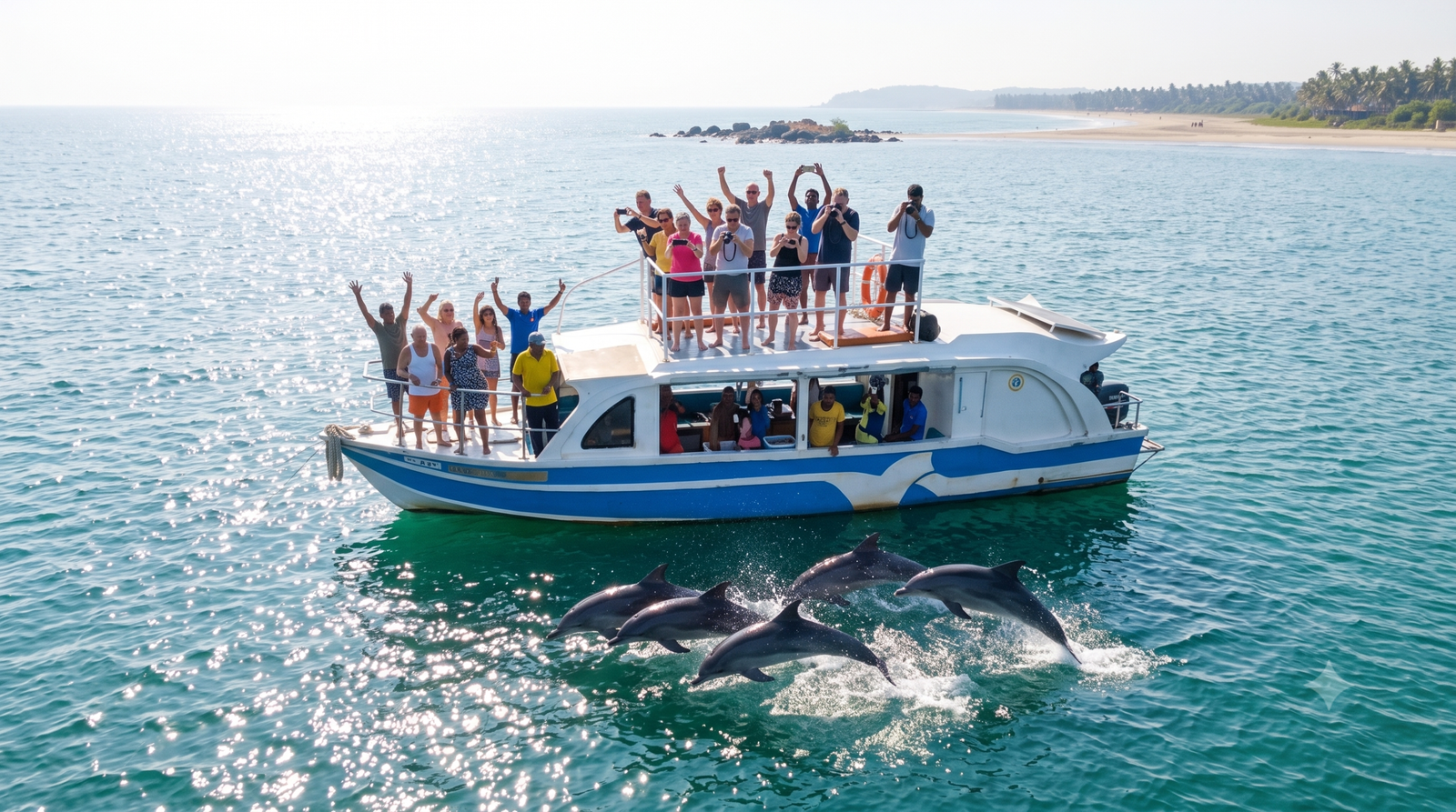 Tourists spotting and photographing dolphins during SVS Chapora morning river cruise