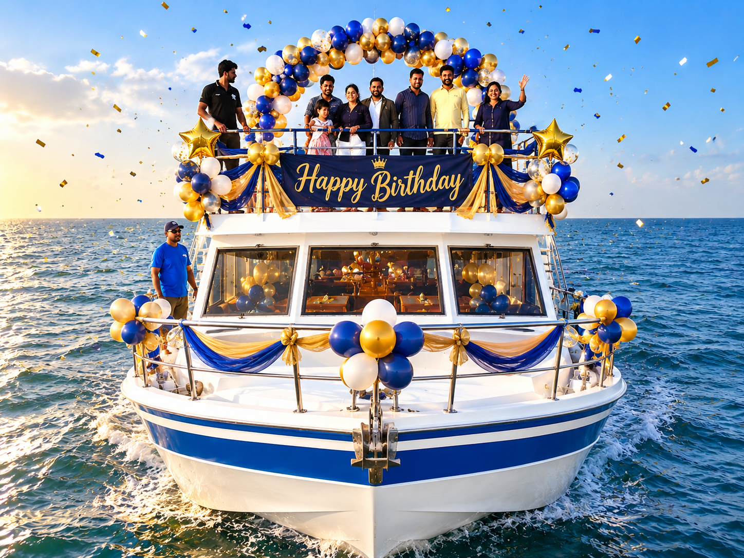 Group of friends and family celebrating a birthday party on an open deck private cruise boat in Goa waters