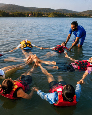 Instructor teaching a paddler how to balance and stand on a paddleboard in the calm backwaters of Chapora River, Goa.