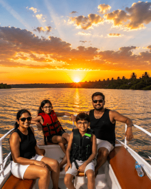 SVS Chapora cruise boat gliding smoothly through calm green mangrove canals on a peaceful river tour in North Goa.